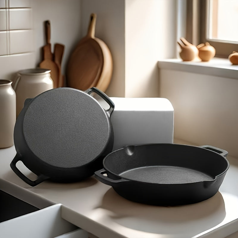Cast Iron Skillet with Dual Handles Oil Spouts Non-Stick Oven Safe Cooking Pan