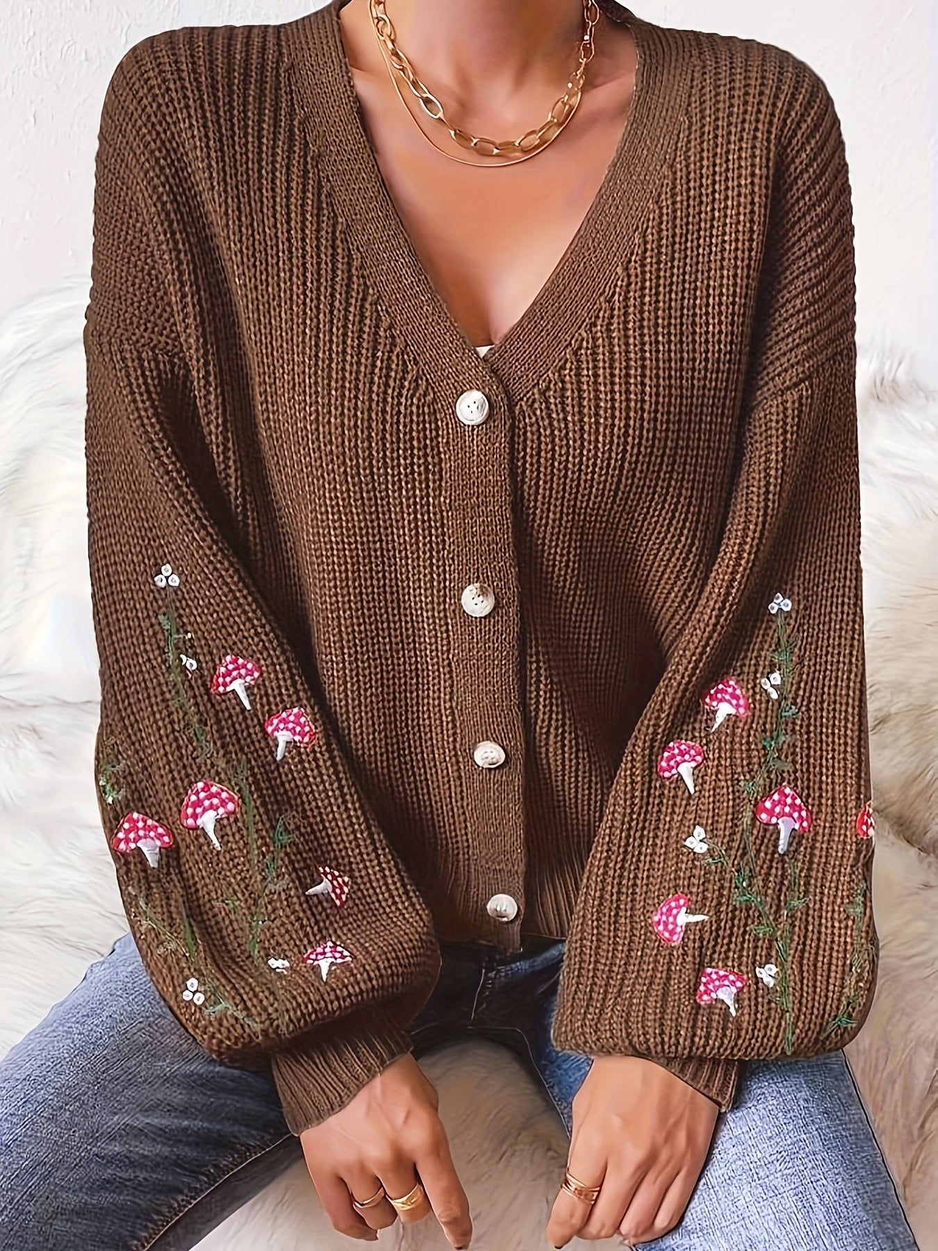 Plus Size Mushroom Embroidered Cardigan Women V-Neck Lantern Sleeve Fall Winter