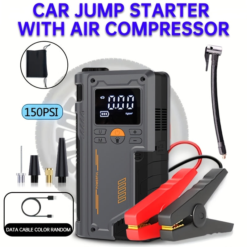 Portable Tire Inflator and Car Jump Starter with Lithium Battery and One-Click Air Pump