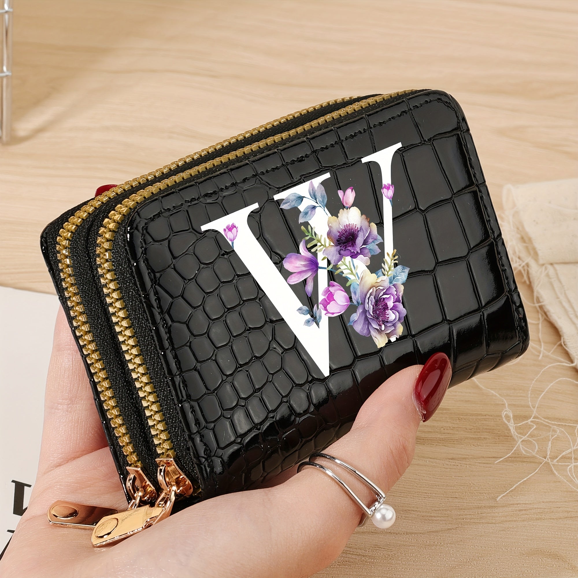 Minimalist Floral Credit Card Holder with Zipper Coin Purse for School and Back-to-School Supplies