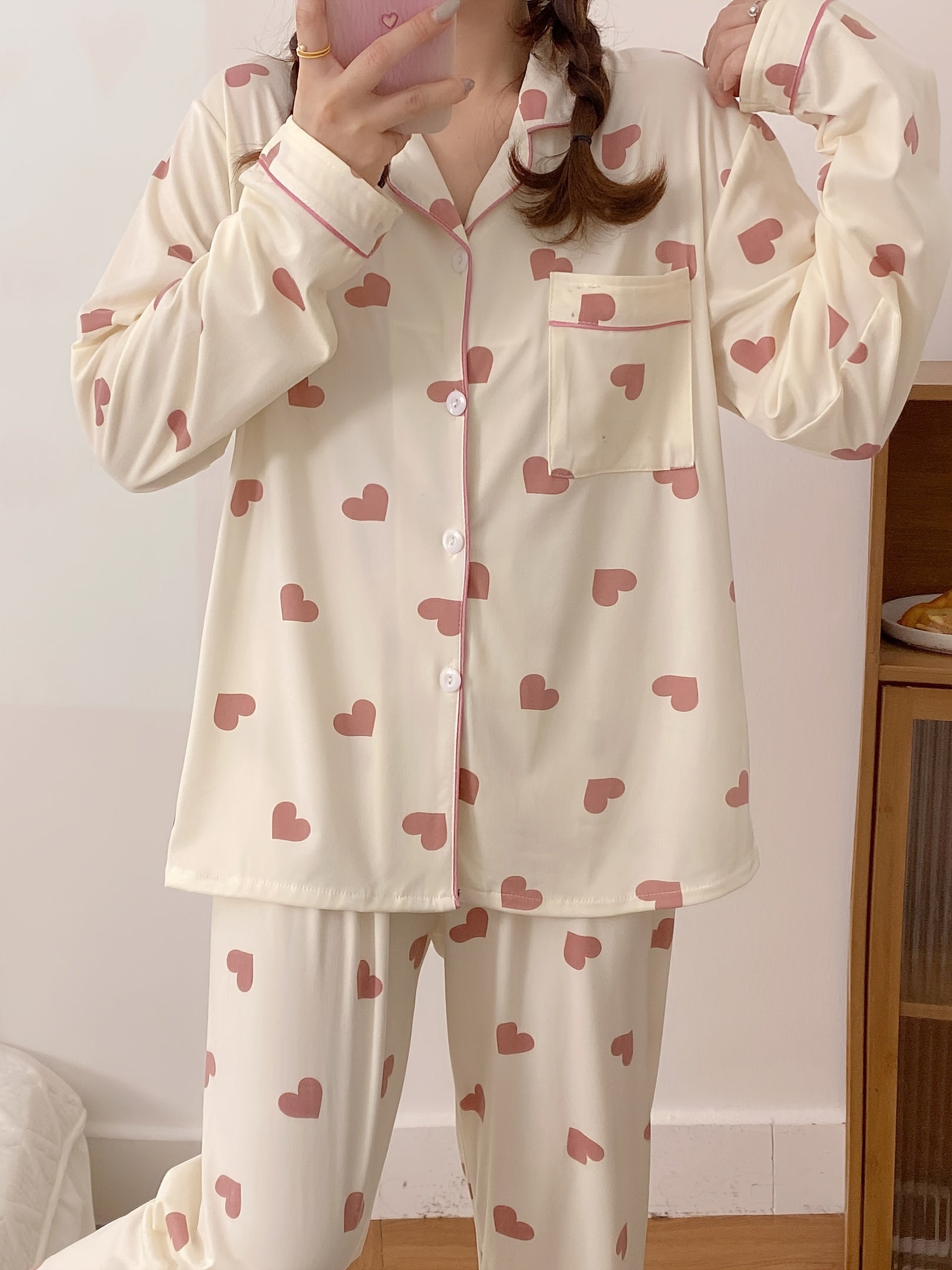 Women's Heart Pattern Pajama Set Polyester Long Sleeve Spring Fall Casual