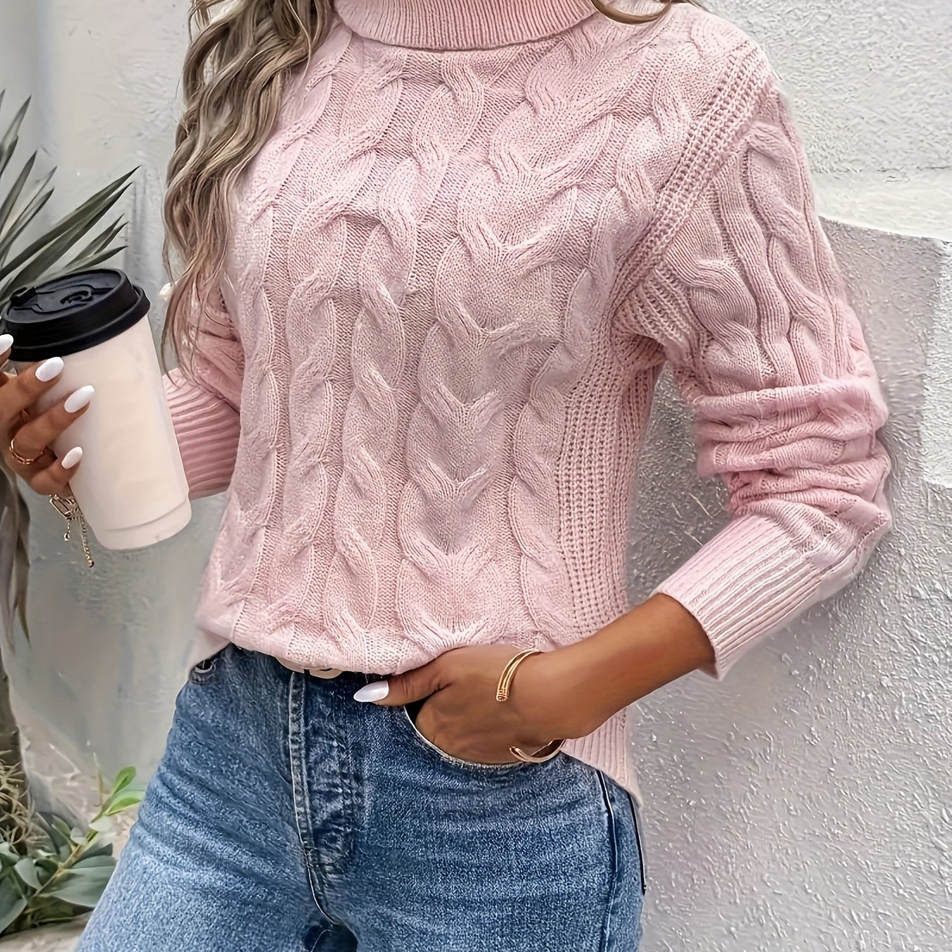 Женский свитер с высоким воротником и кабельным узором большого размера, с длинными рукавами, пуловер
