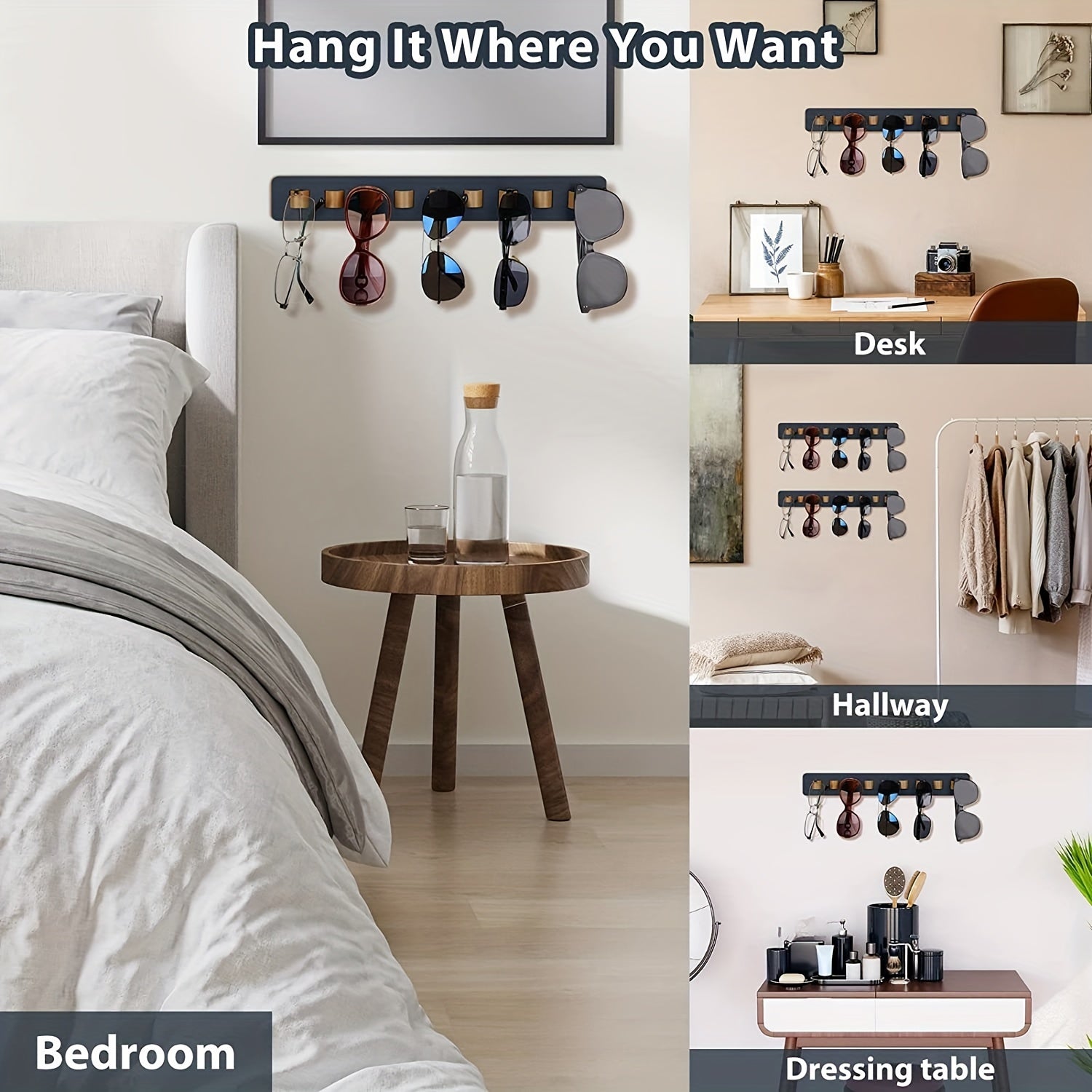 Modern Rustic Wooden Eyewear Organizer Wall Mount for 9 Glasses Home Decor