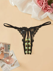 Women’s Lace Double Row Beads Open Crotch Thongs Low Waist Lingerie