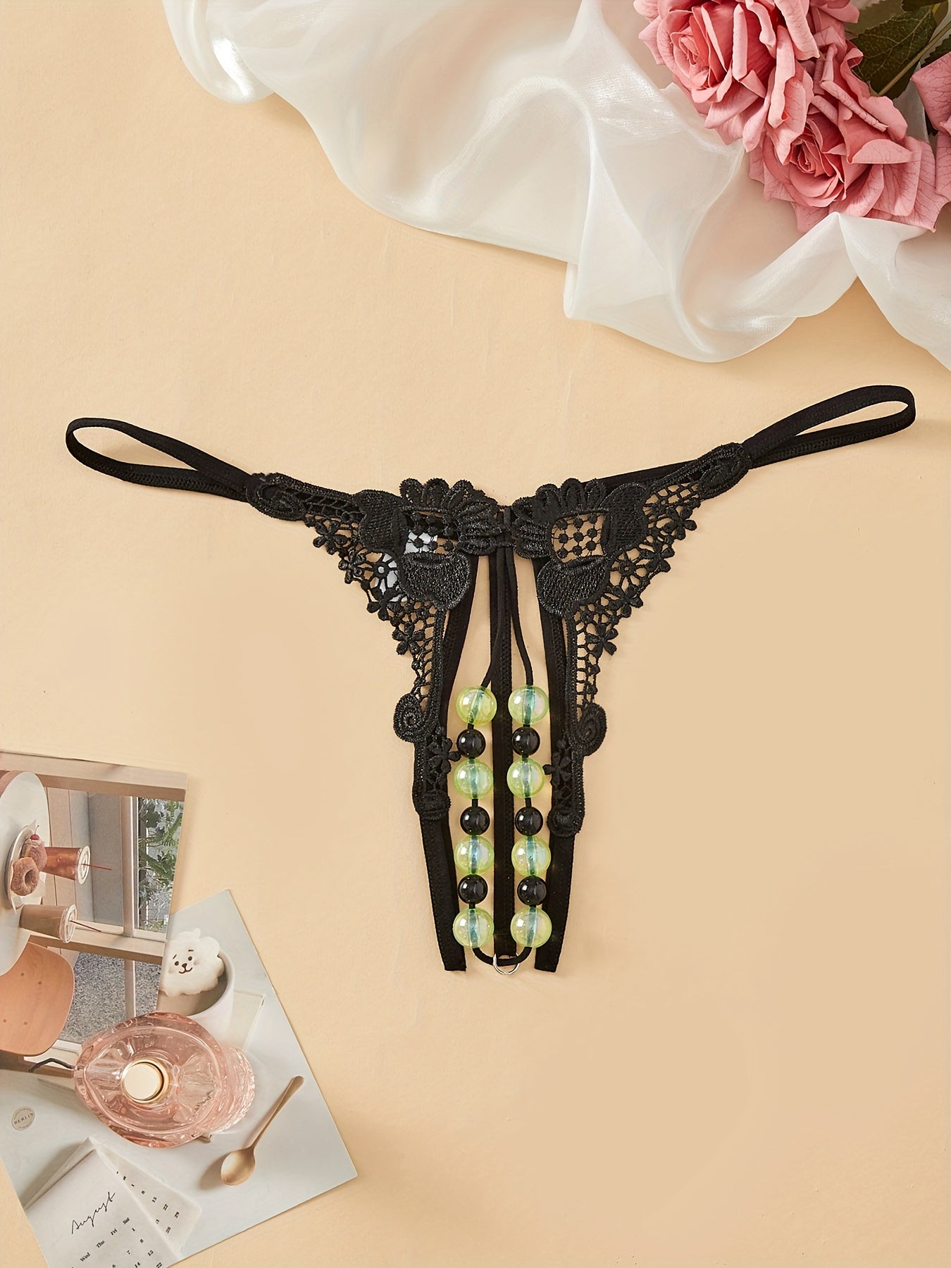 Women’s Lace Double Row Beads Open Crotch Thongs Low Waist Lingerie