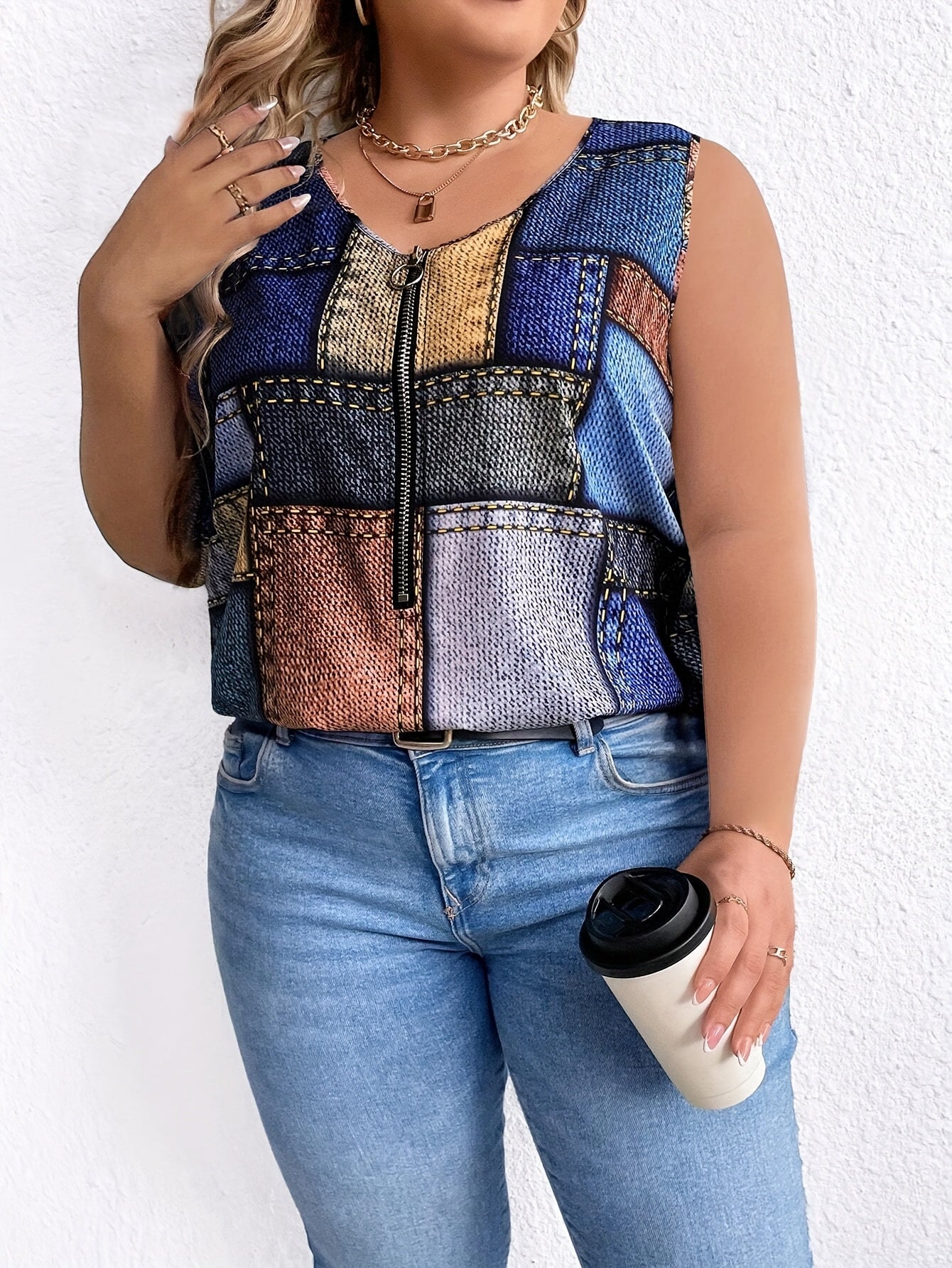 Plus Size Sleeveless Tank Top with Patchwork Print and Zipper Closure
