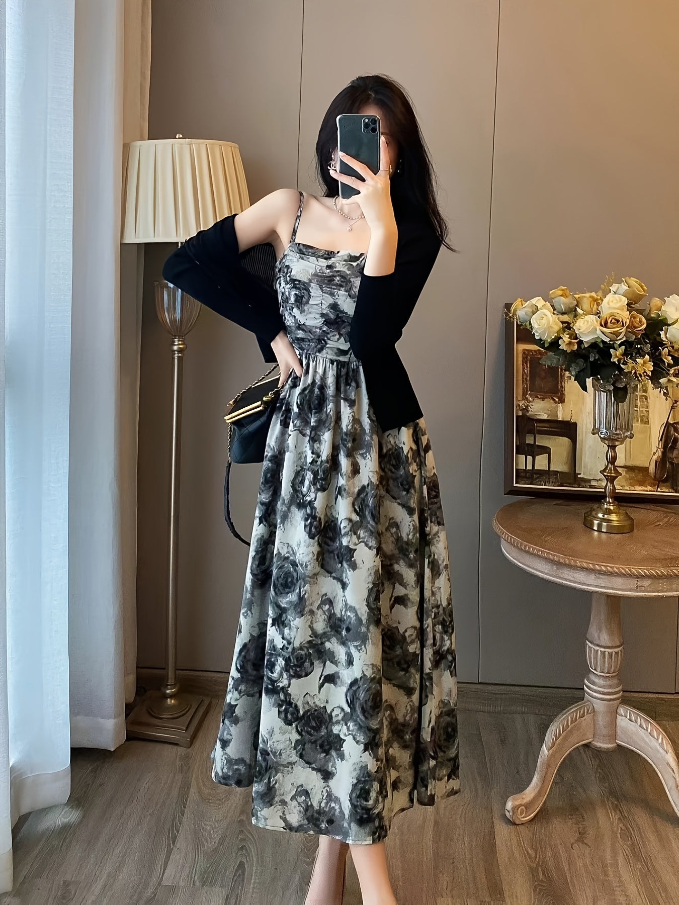 Women's Floral Print Clothing Set with Camisole Dress and Cardigan for Spring Summer