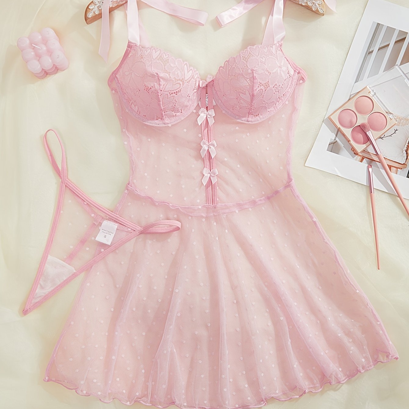 Women's Sheer Polka Dot Lace Lingerie Set with Nightgown and Ribbon Details