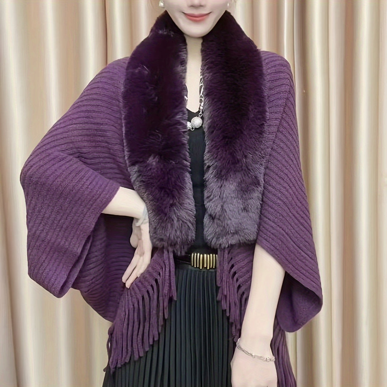 Elegant Acrylic Shawl Wrap with Faux Fur Collar Batwing Sleeves for Night Out