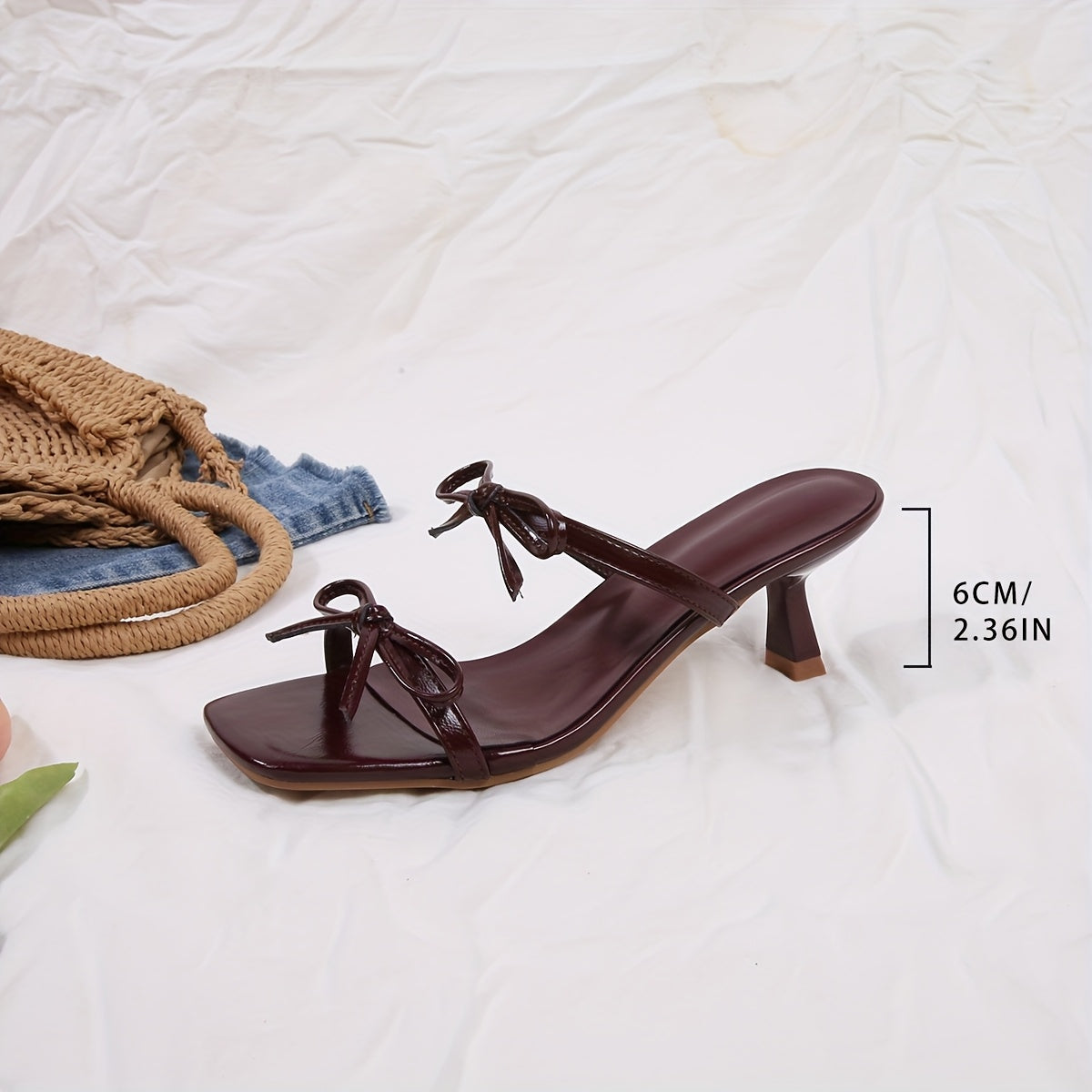 Burgundy Open Toe Kitten Heel Pumps with Bow Detail and Slip-On Style