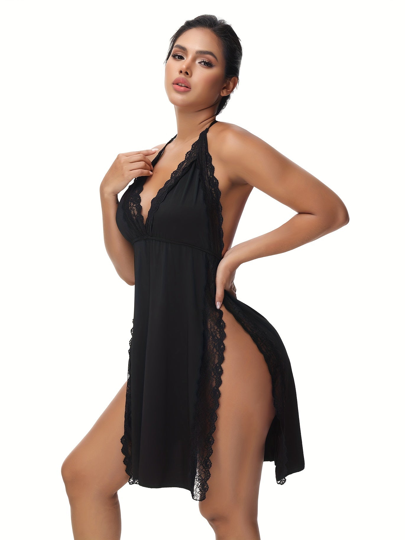 Женские кружевные пижамы без спинки с разрезом на бедре, с V-образным вырезом, домашний костюм из спандекс-ткани