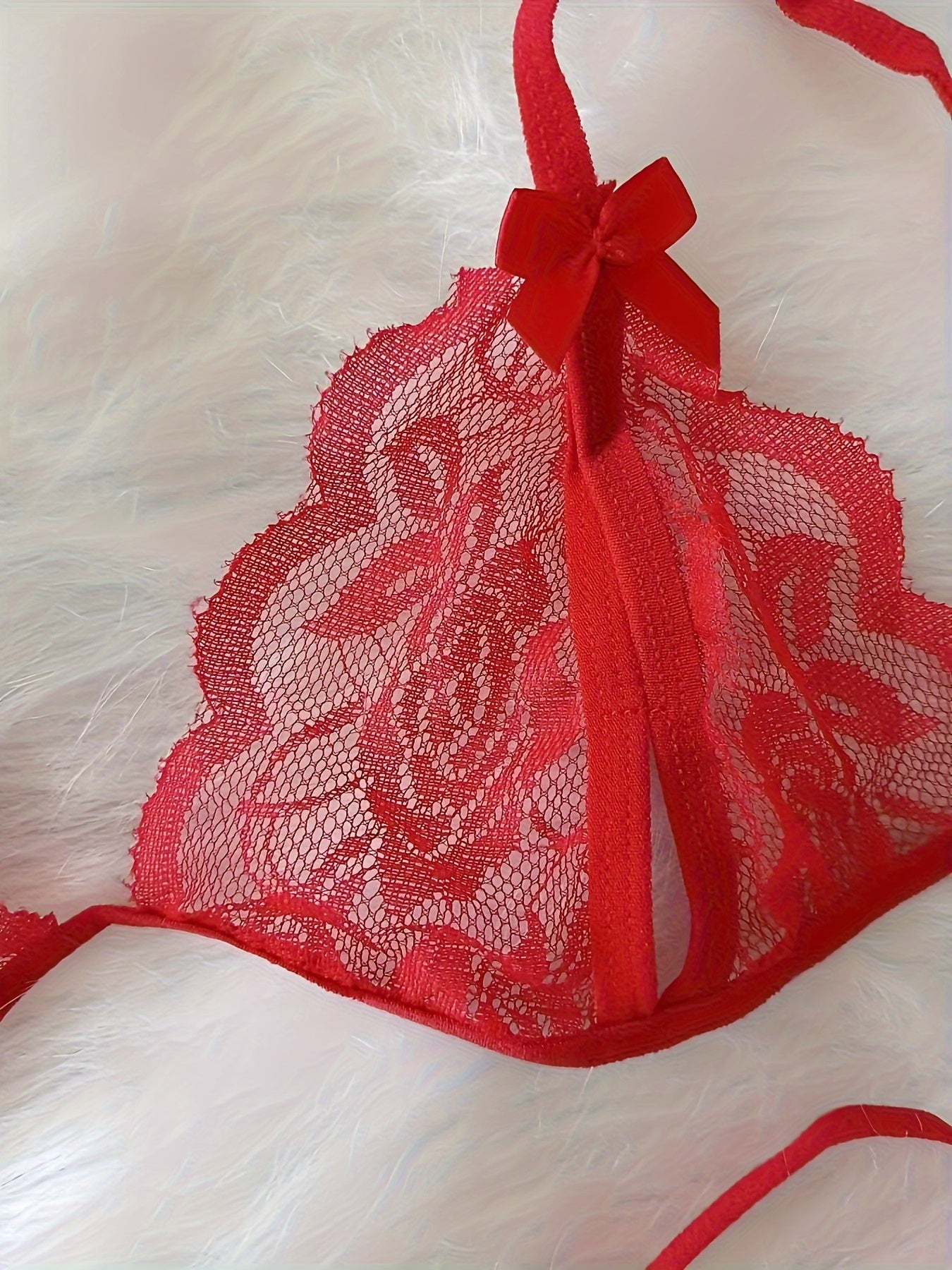 Lingerie Set with Deep V Neckline and See-Through Back, Includes Bra and Open Crotch Thong