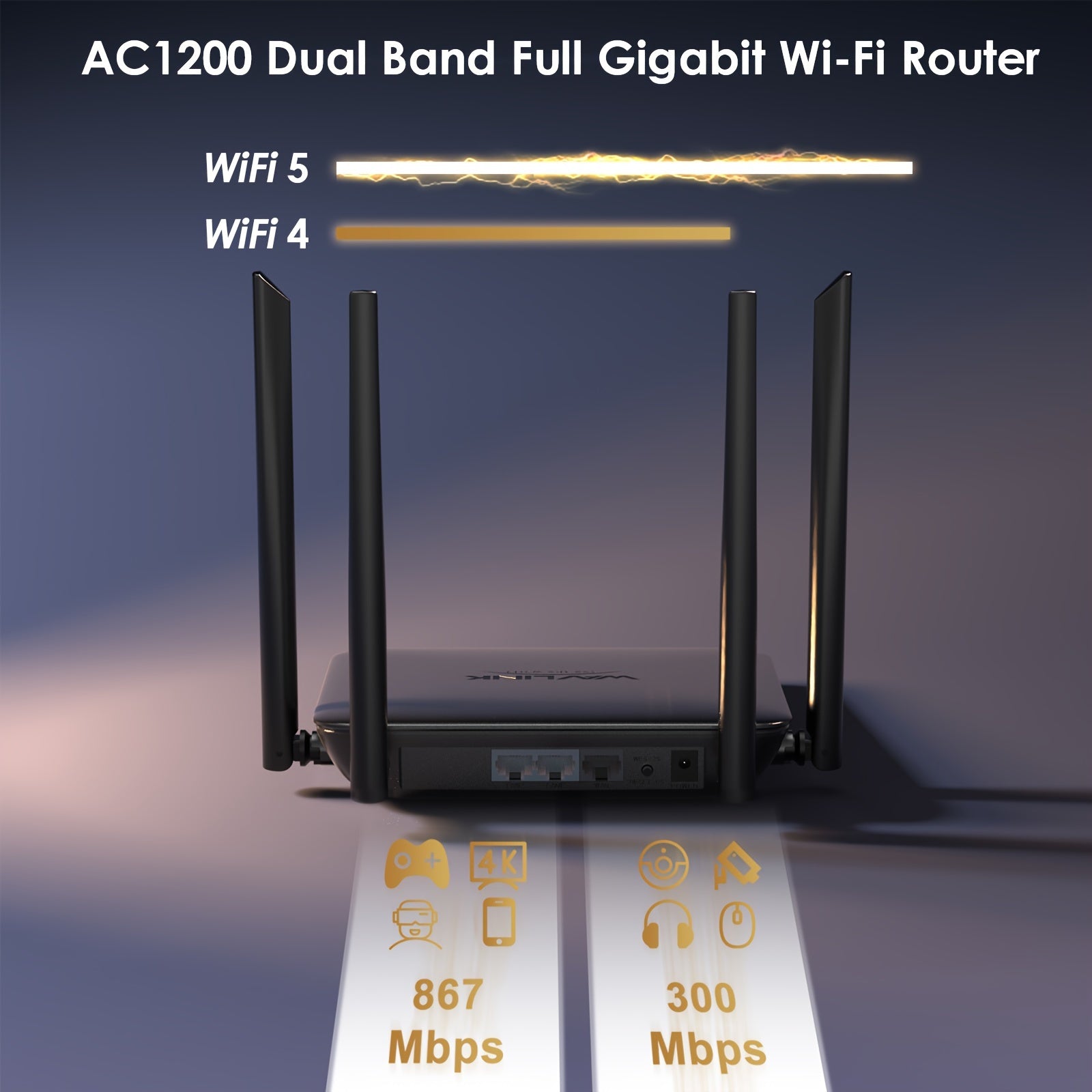 AC1200 Dual Band Wireless Router with Gigabit Ethernet Ports for Home and Gaming