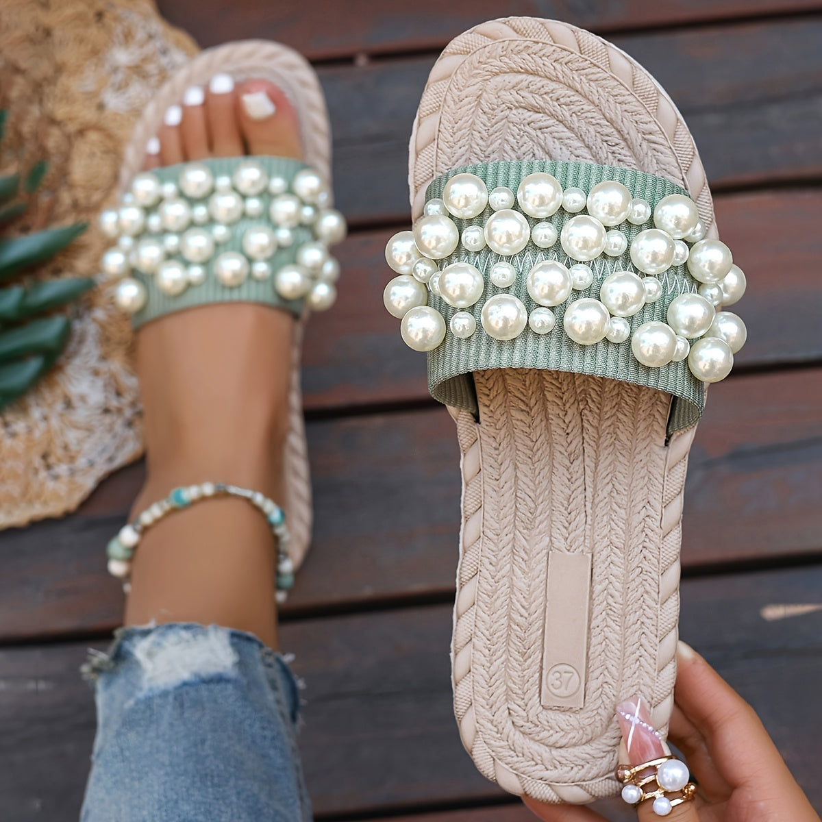 Women's Pearl Slide Sandals Lightweight Fabric Beige Open Toe Casual Slippers