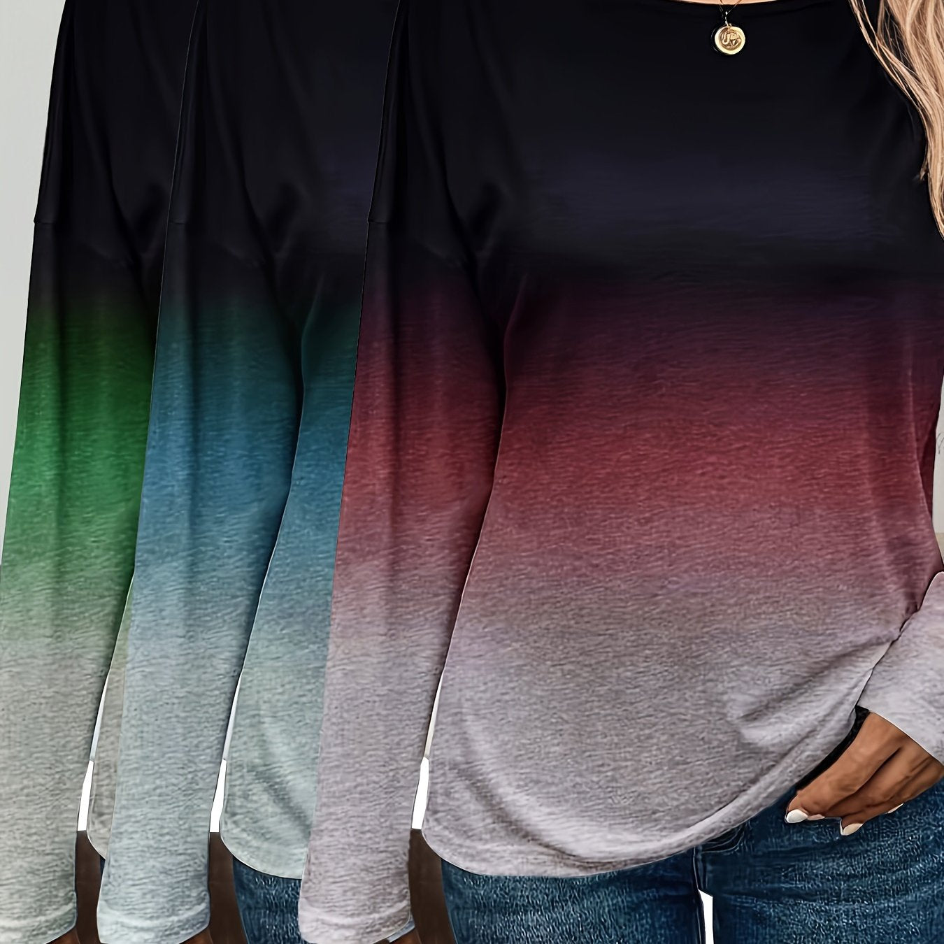 Camisetas de manga larga ombré para mujer talla plus, casuales, con caída en los hombros y comodidad