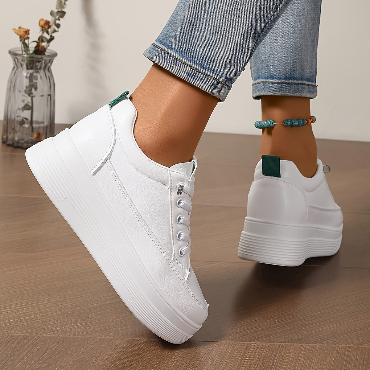 Women's White Platform Sneakers with Rubber Sole and Sequin Detail