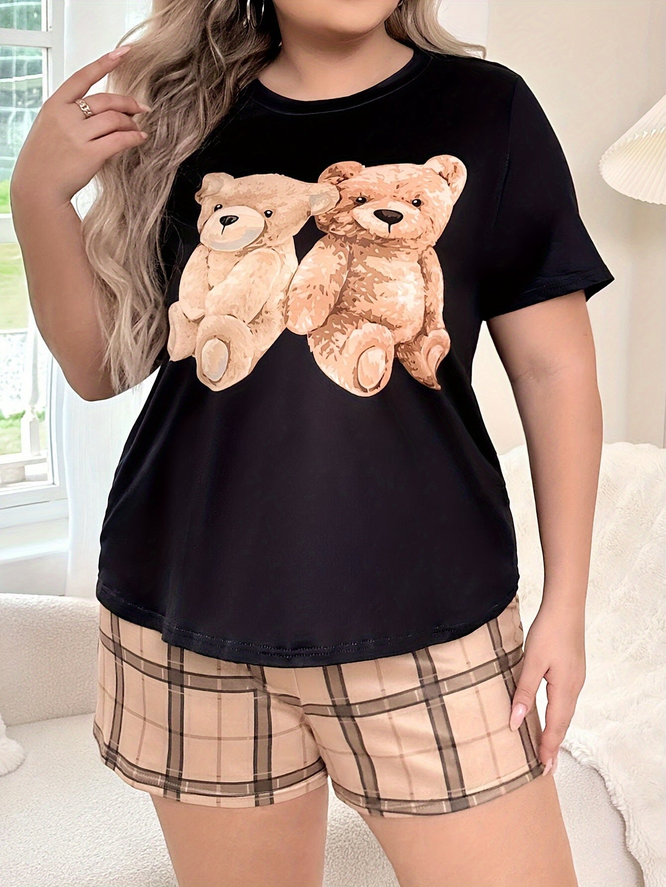 Шорты в крупную клетку с двойными медведями большого размера.