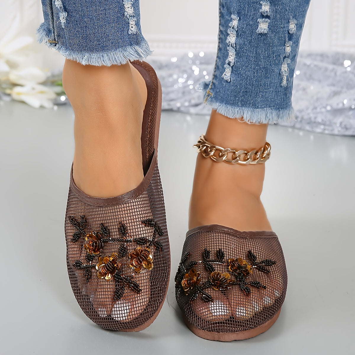 Women's Beaded Floral Slides Lightweight Summer Indoor Shoes Breathable Mesh Almond Toe EVA Sole