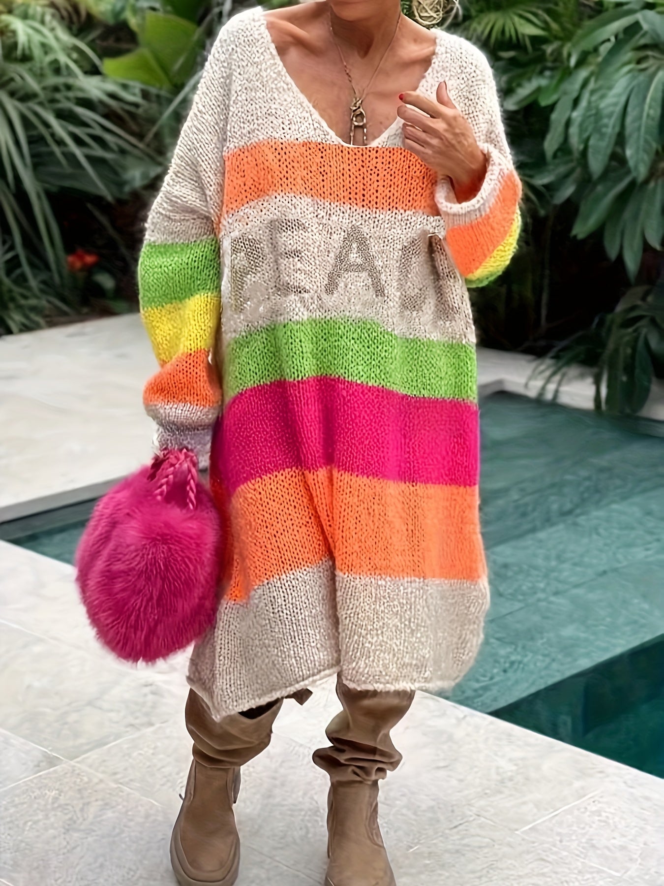 Plus Size Color Block Sweater Dress Casual Long Sleeve V Neck Midi For Spring Fall