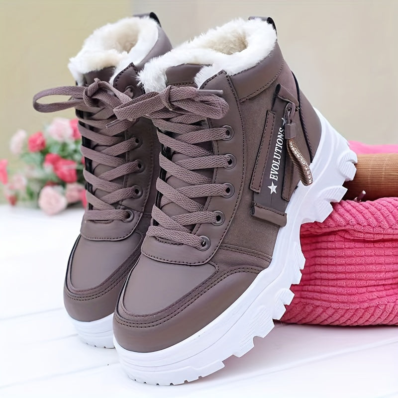Women's Fluffy Solid Color Lace-Up Winter Snow Boots