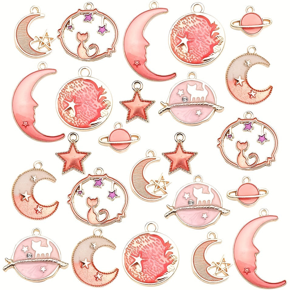 Set of 24 Pink Assorted Gold Plated Enamel Celestial Pendants for Jewelry Making