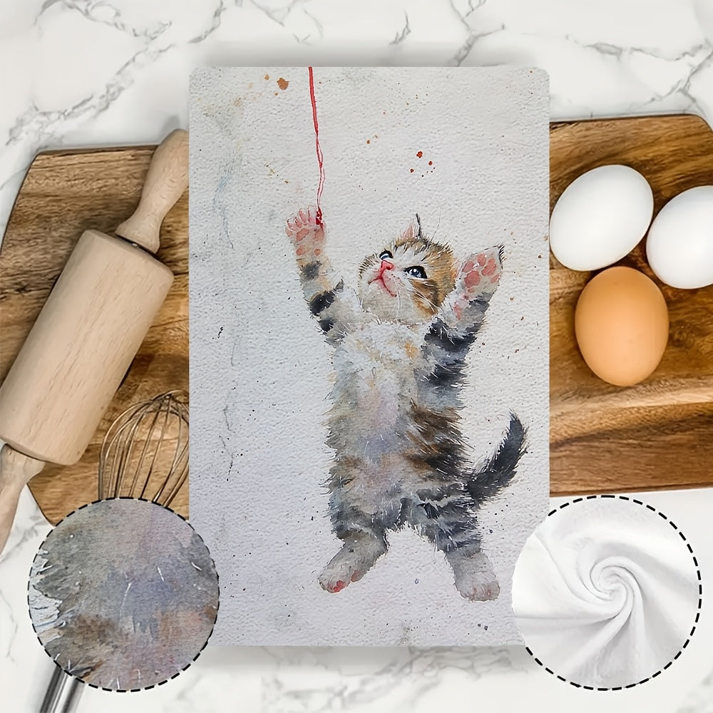 Set of 2 Soft Kitchen Towels with Kitten and Ribbon Design, 40x60 cm