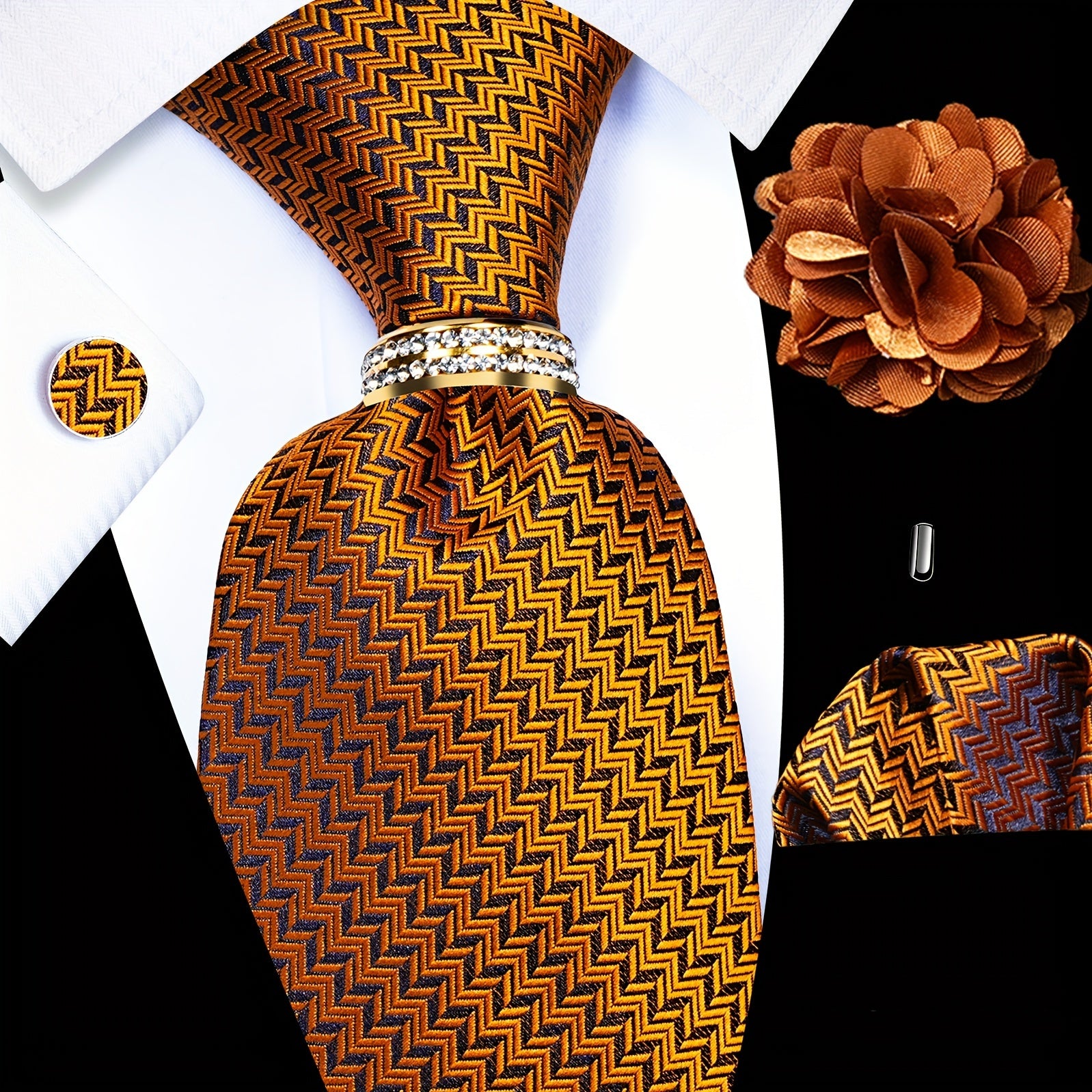 Men's Accessories Set Tie Pocket Square Cufflinks Lapel Pin Tie Ring for Wedding Groom