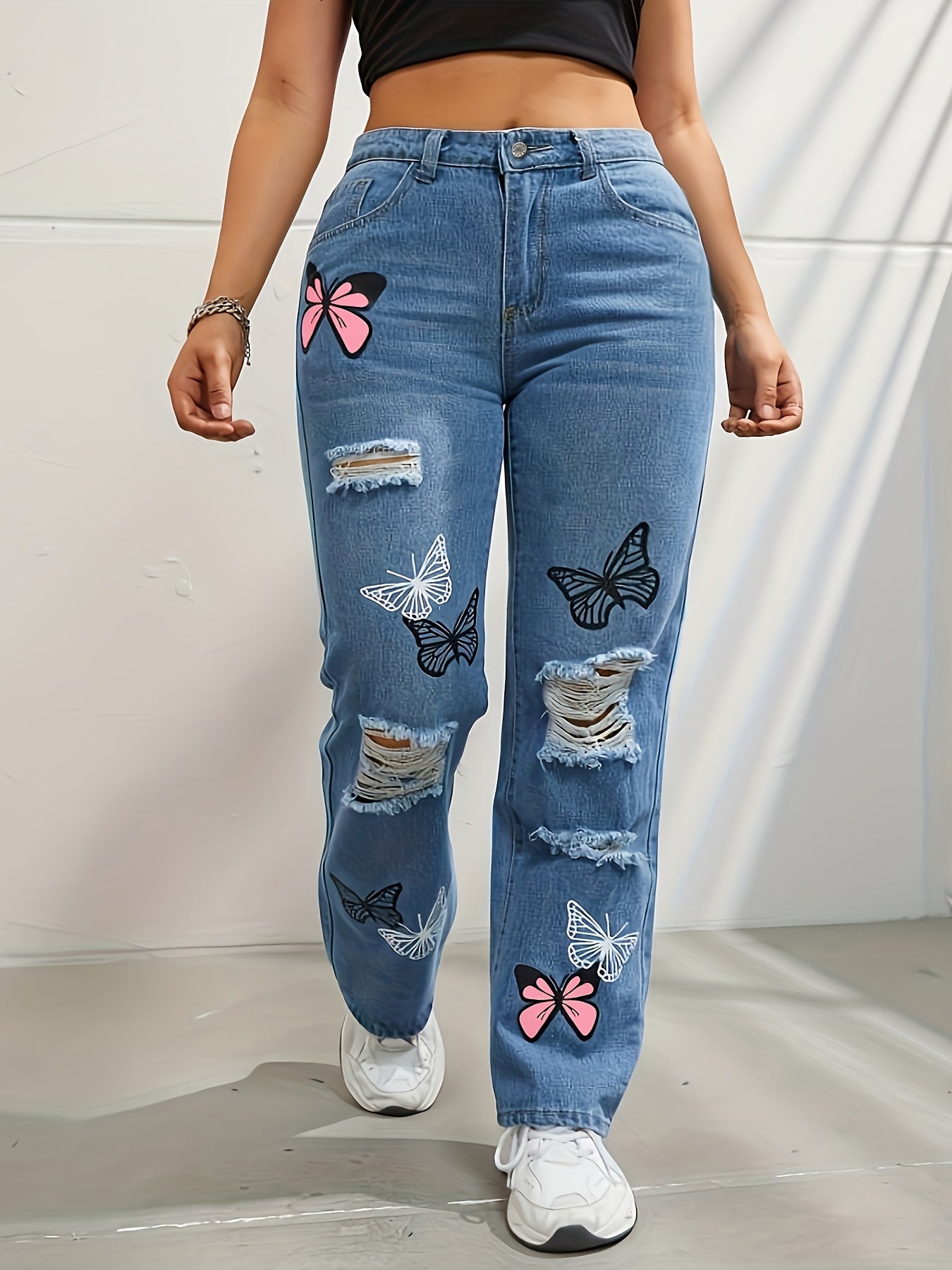 Plus Size Women's Y2K Butterfly Print Ripped High Rise Straight Leg Jeans