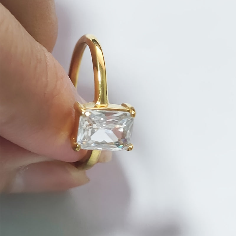 Gold Plated Titanium Steel Ring with Square Cut Zirconia Solitaire