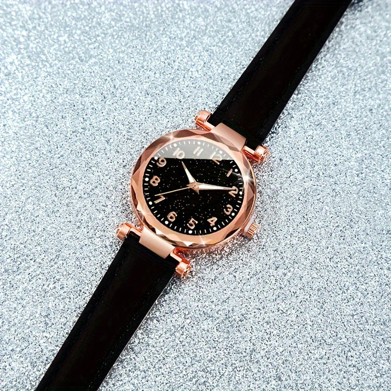 Women's Starry Sky Quartz Watch and Teardrop Jewelry Set Faux Leather Strap Analog Gift