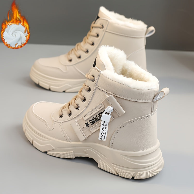 Women's Faux Leather Mid-Top Sneakers with Thick Platform Sole Beige Cold Weather Shoes