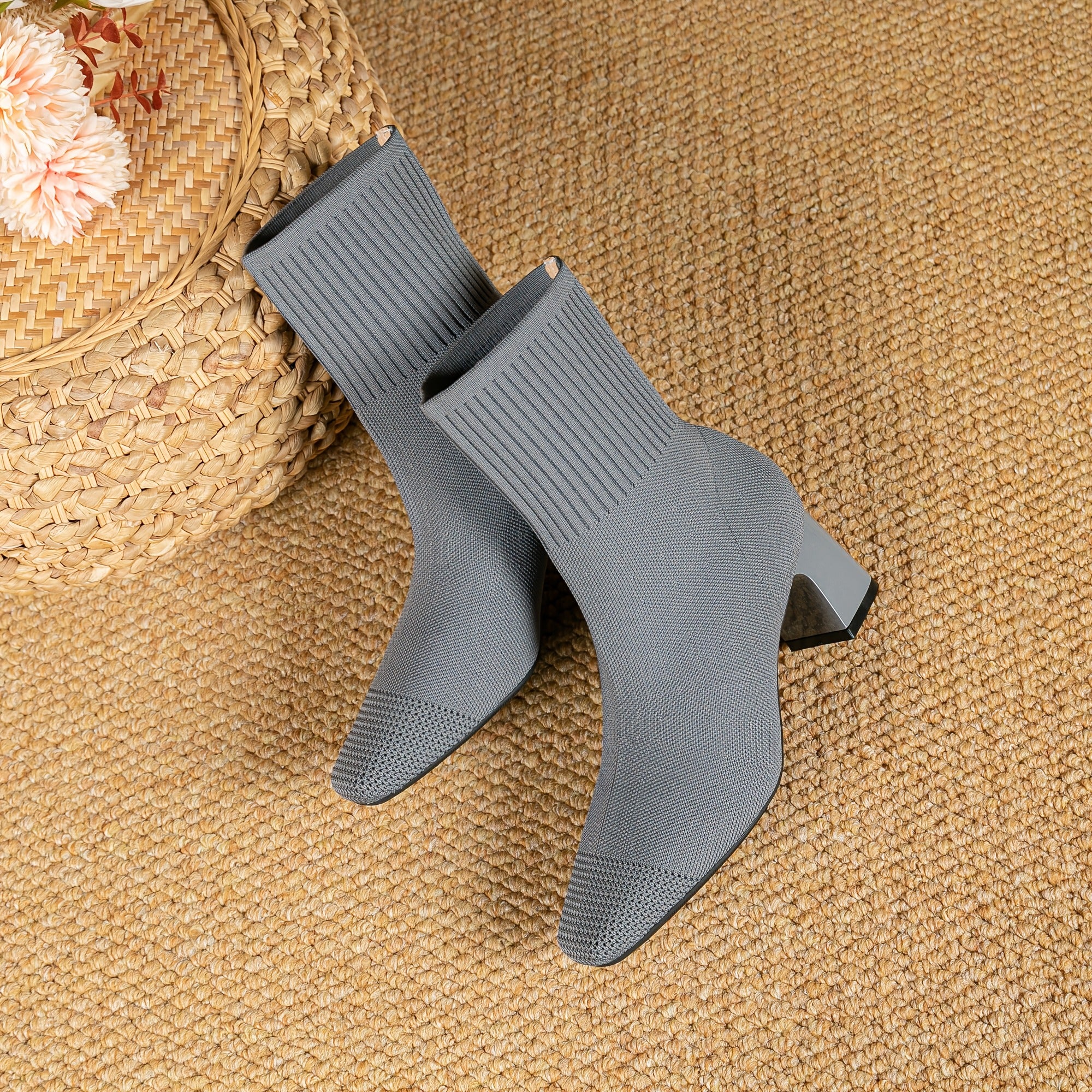 Women's Fabric Square Toe Ankle Boots Casual Slip-On High Heel Mid-Calf Shoes