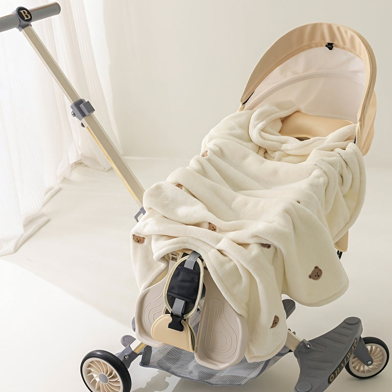 Kids' Cream White Soft Warm Air-Conditioning Quilt with Embroidered Flannel Blanket