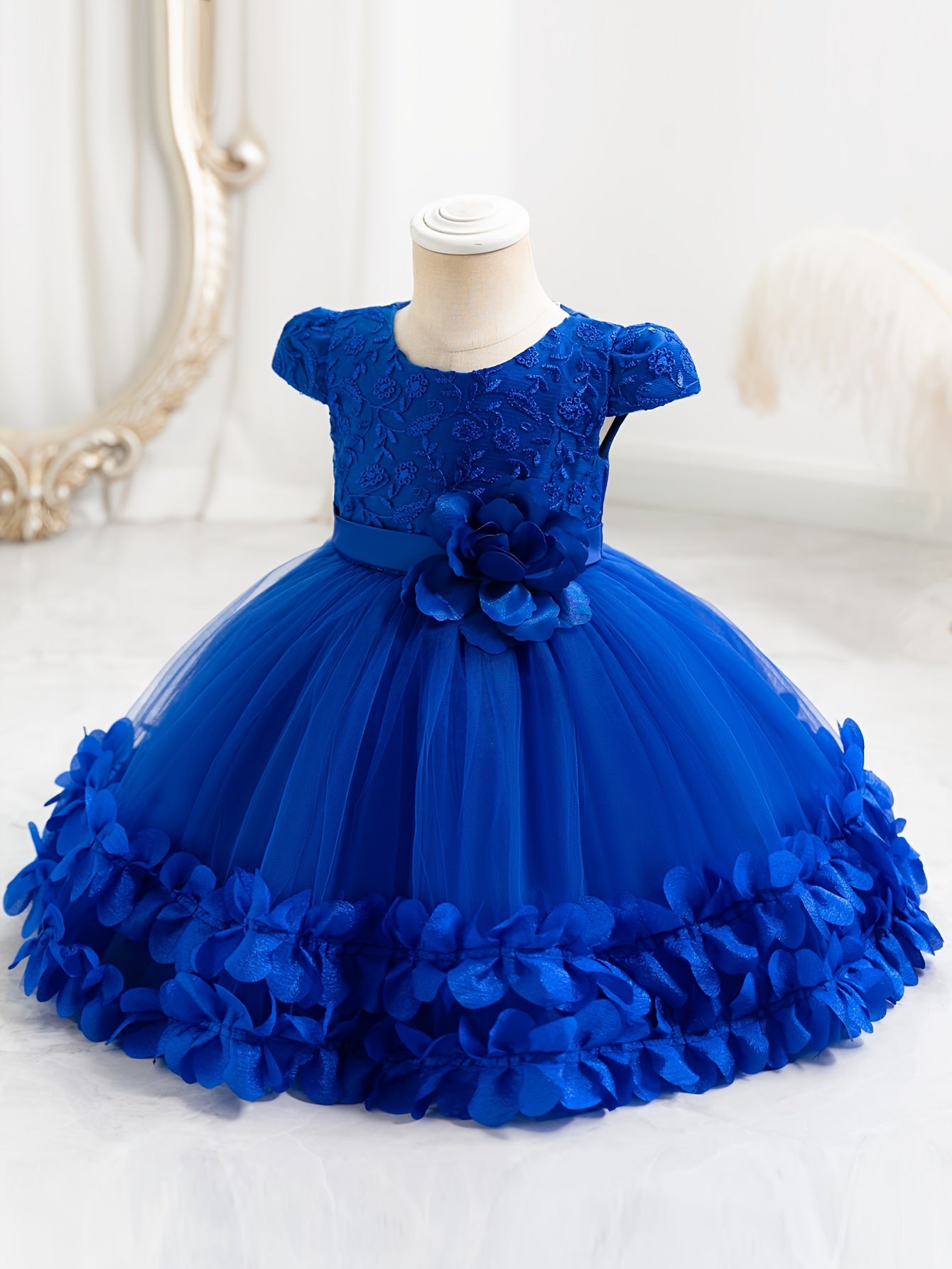 Vestido de princesa con malla para niñas pequeñas, con capucha de flores y mangas cortas para eventos formales