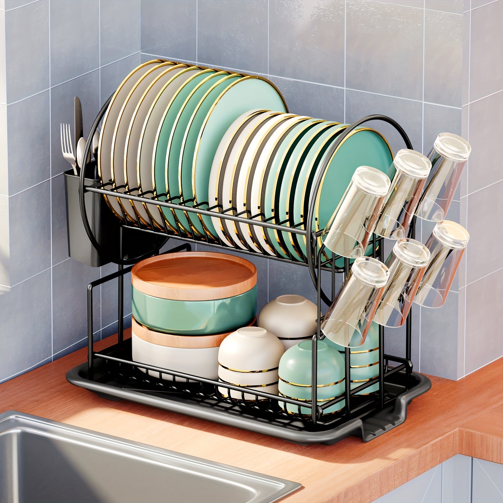 Multifunctional 2-Tier Dish Drying Rack with Utensil Holders and Drainboard for Kitchen Countertop