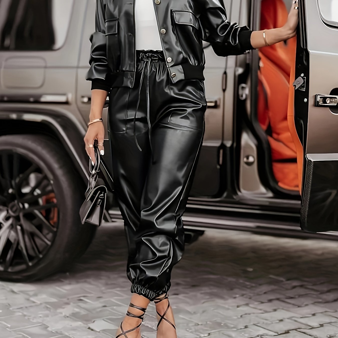 Women's PU Two-Piece Set Long Sleeve Jacket and Pants Solid Color Casual