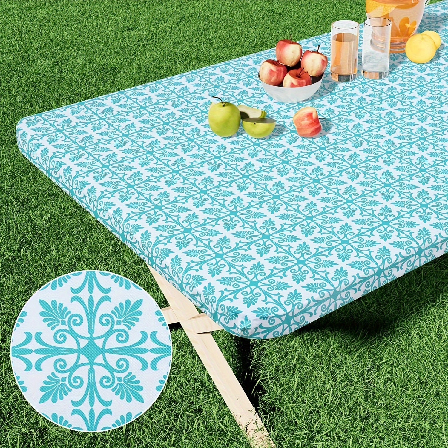 Baroque Style Waterproof Fitted Tablecloth with Elastic Flannel Backing for Outdoor Use