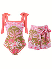 Women's Swimwear 2023 Body Suit with Triangle Belt Skirt Slimming Shaping Double-Sided Tropical Pattern