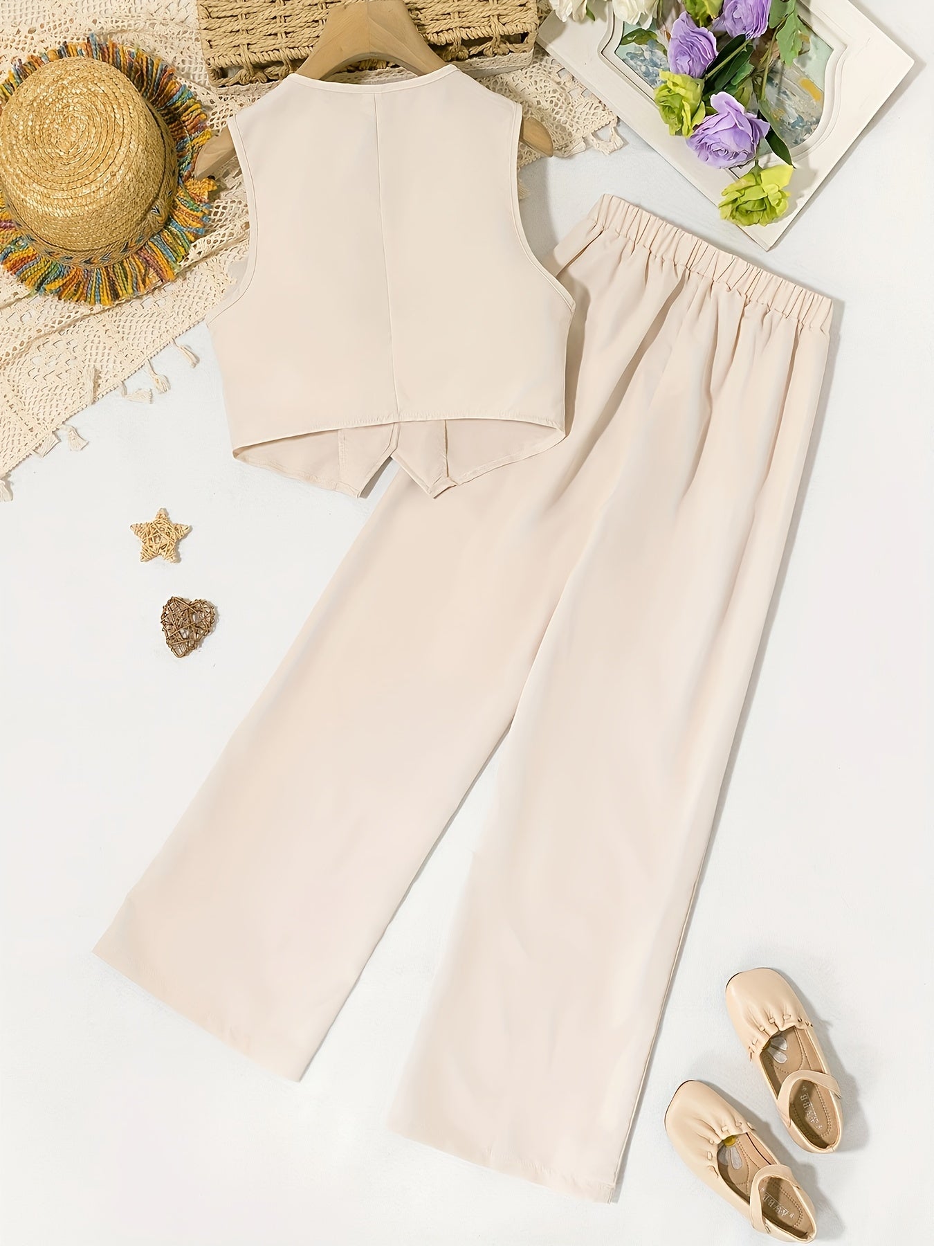 Girls Summer Outfit Set French V-Neck Top and Loose Straight Pants Casual Retro Style