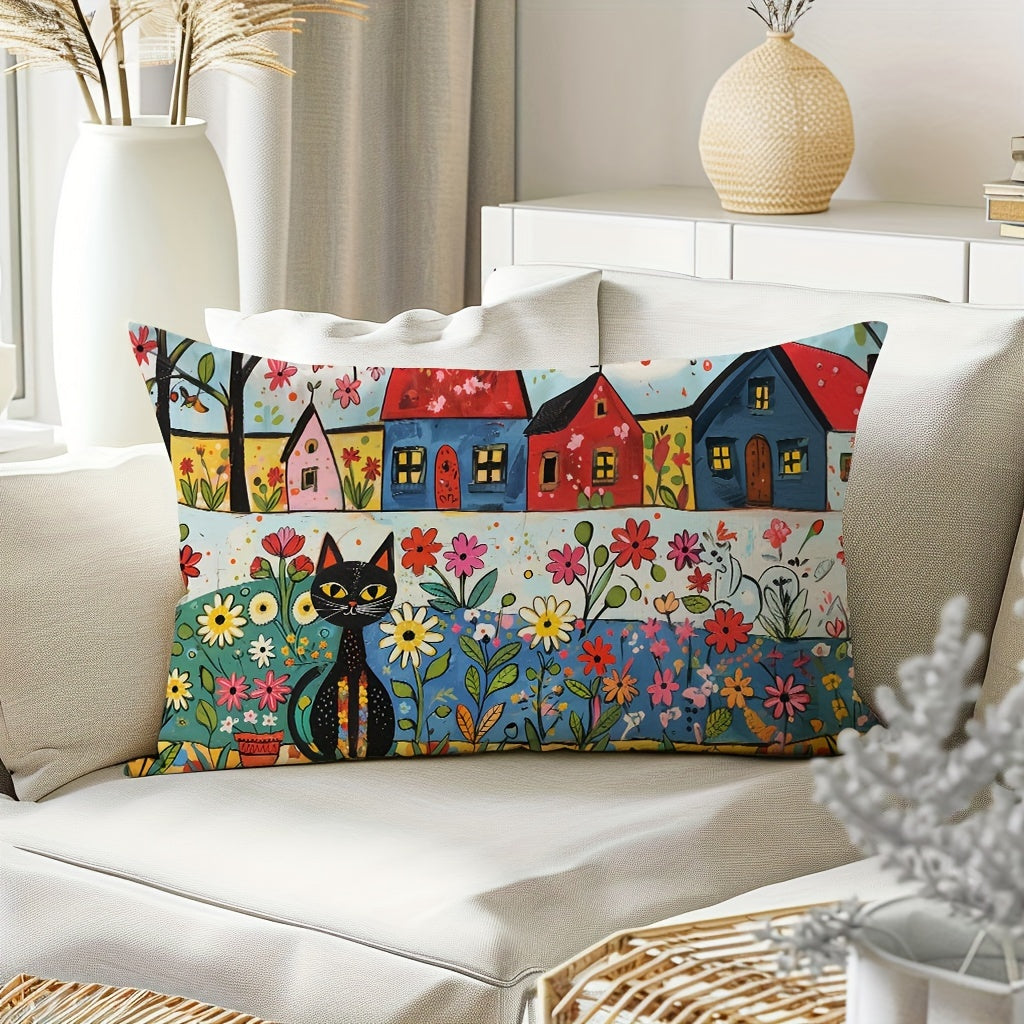 Black Cat Throw Pillow Cover Sun and Flowers Design 29.97x50.04cm or 44.96cm Square Farmhouse Decor