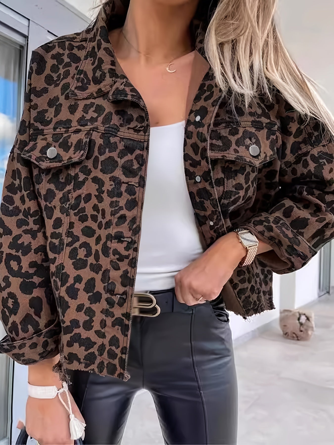 Women's Leopard Print Denim Jacket Long Sleeve Casual Spring Fall