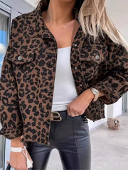 Women's Leopard Print Denim Jacket Long Sleeve Casual Spring Fall