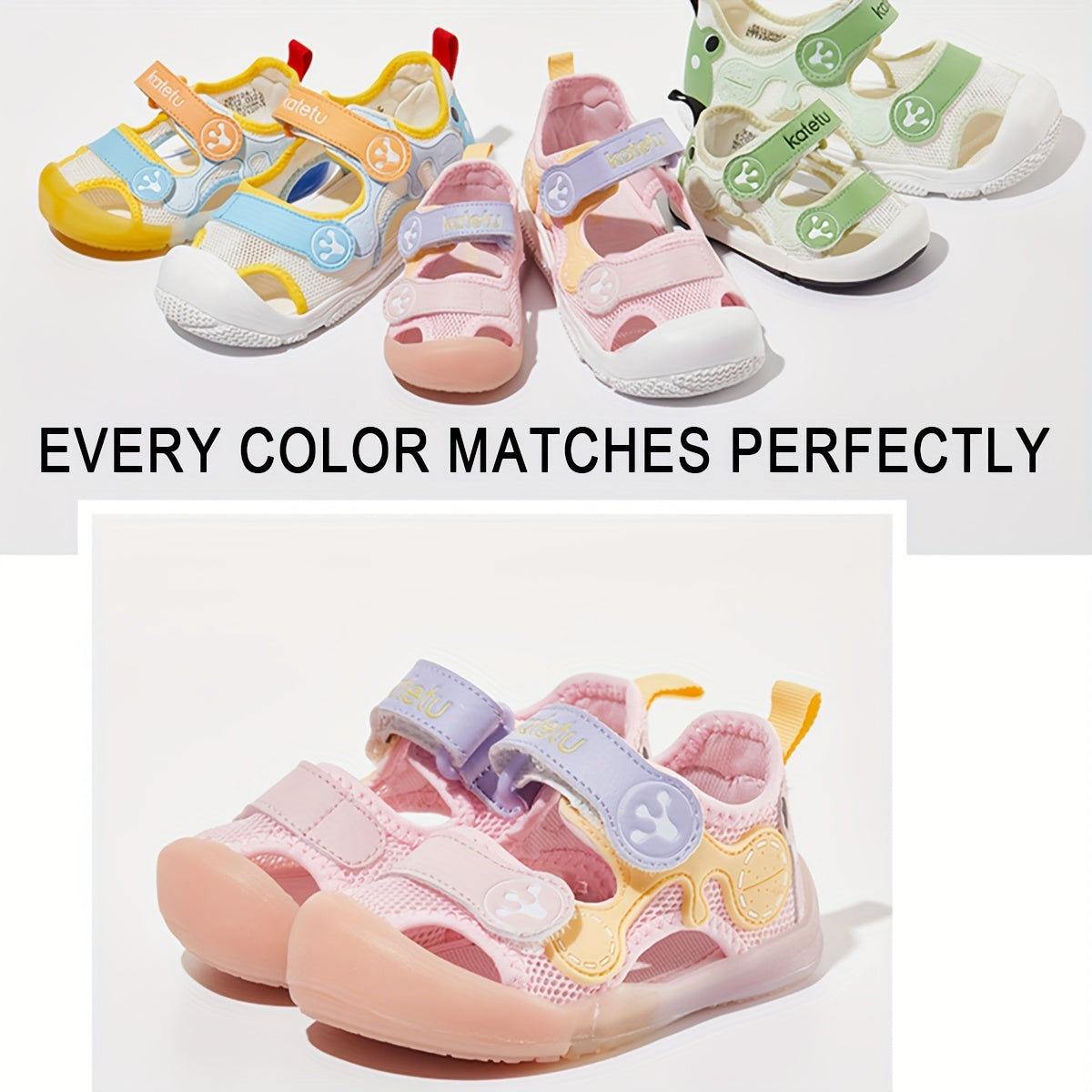 Bolalar uchun yengil, sirpanmaydigan taglikka ega va ichki va tashqi o'yinlar uchun nafas oladigan to'r dizayni bilan mo'ylovga qarshi sandallar.