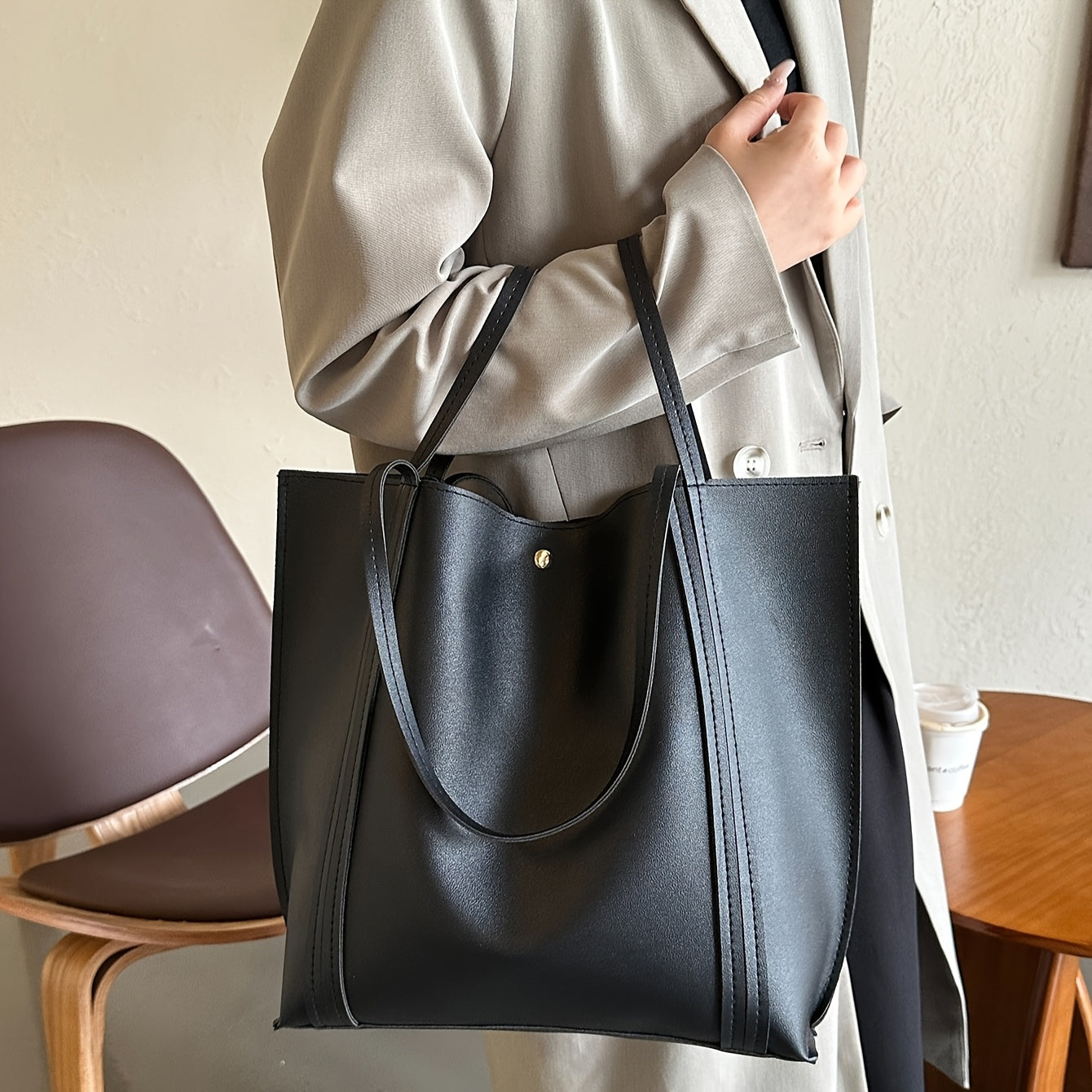 Women's Black Large Capacity Casual PU Shoulder Tote Bag