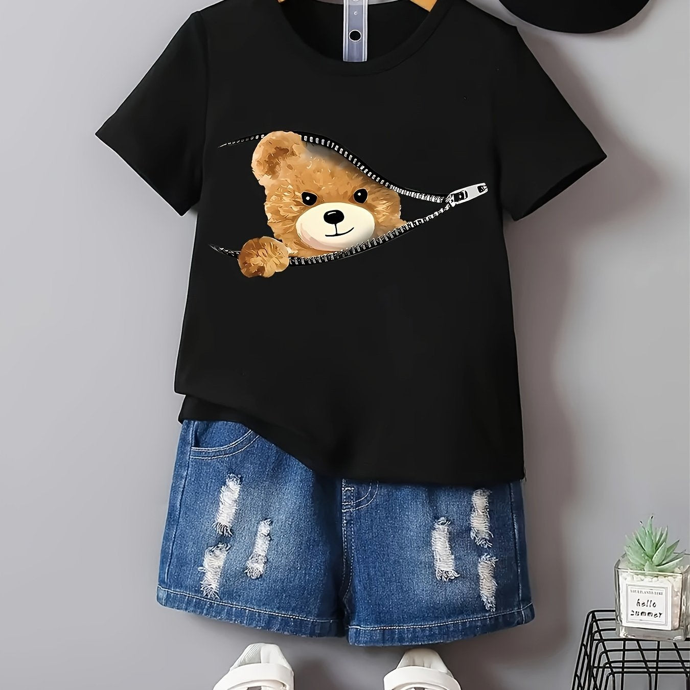 Kids Boys Summer Short Sleeve Bear Print T-Shirt Crew Neck Casual Top