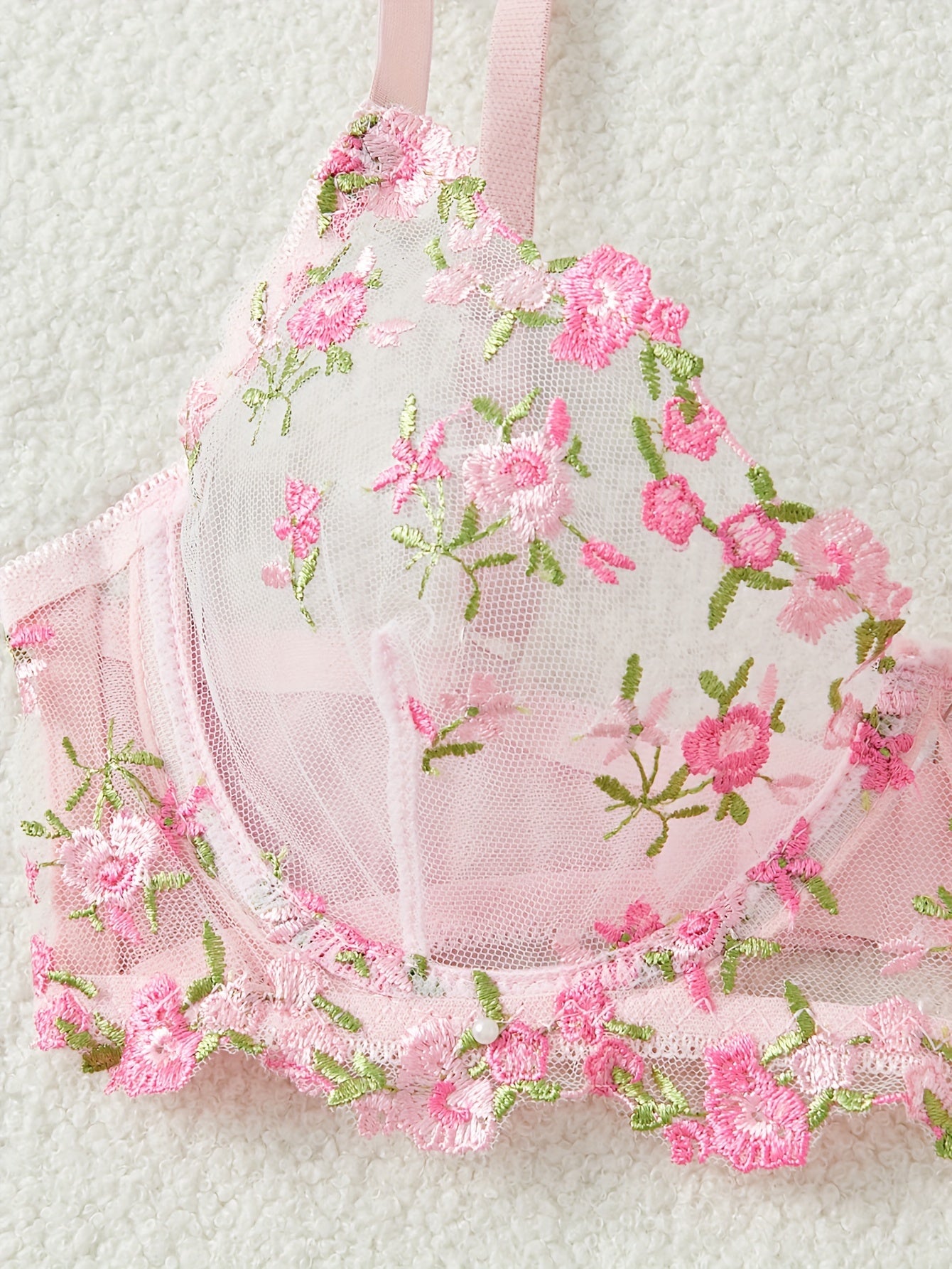 Women's Floral Embroidered Lingerie Set with Semi-Sheer Mesh Bra and Thong