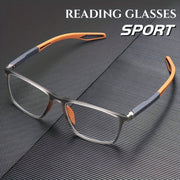 Unisex Lightweight Blue Light Blocking Reading Glasses with Smoky Gray Rectangular Frame and Orange Detail