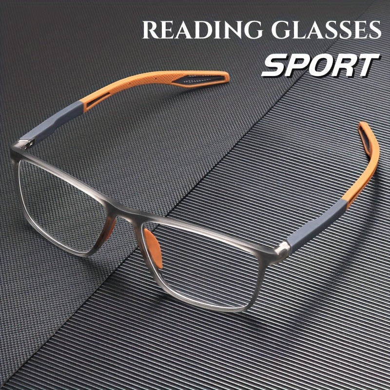Unisex Lightweight Blue Light Blocking Reading Glasses with Smoky Gray Rectangular Frame and Orange Detail