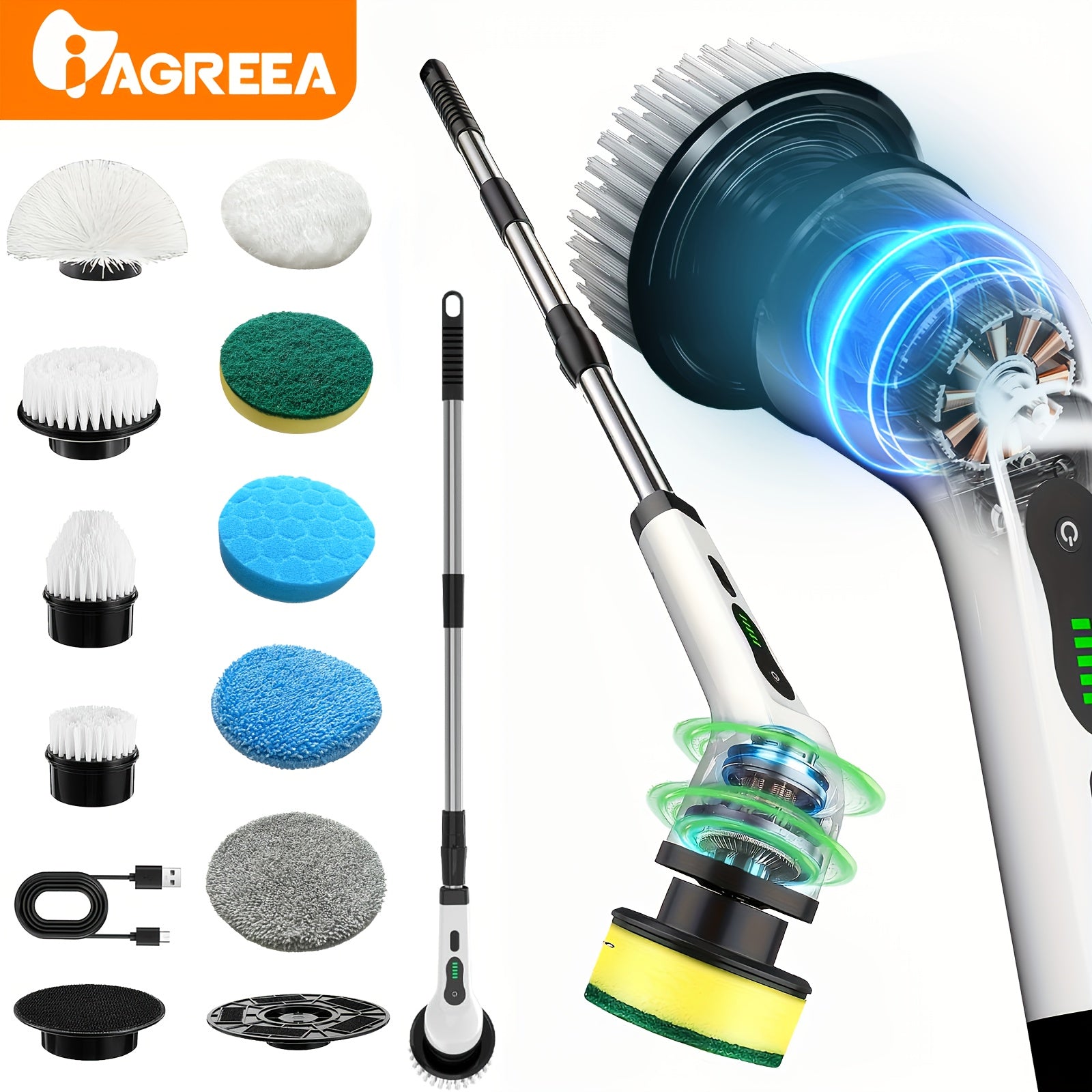 Wireless Electric Spin Mop with Interchangeable Brush Heads Telescopic Handle Cordless 360° Cleaning