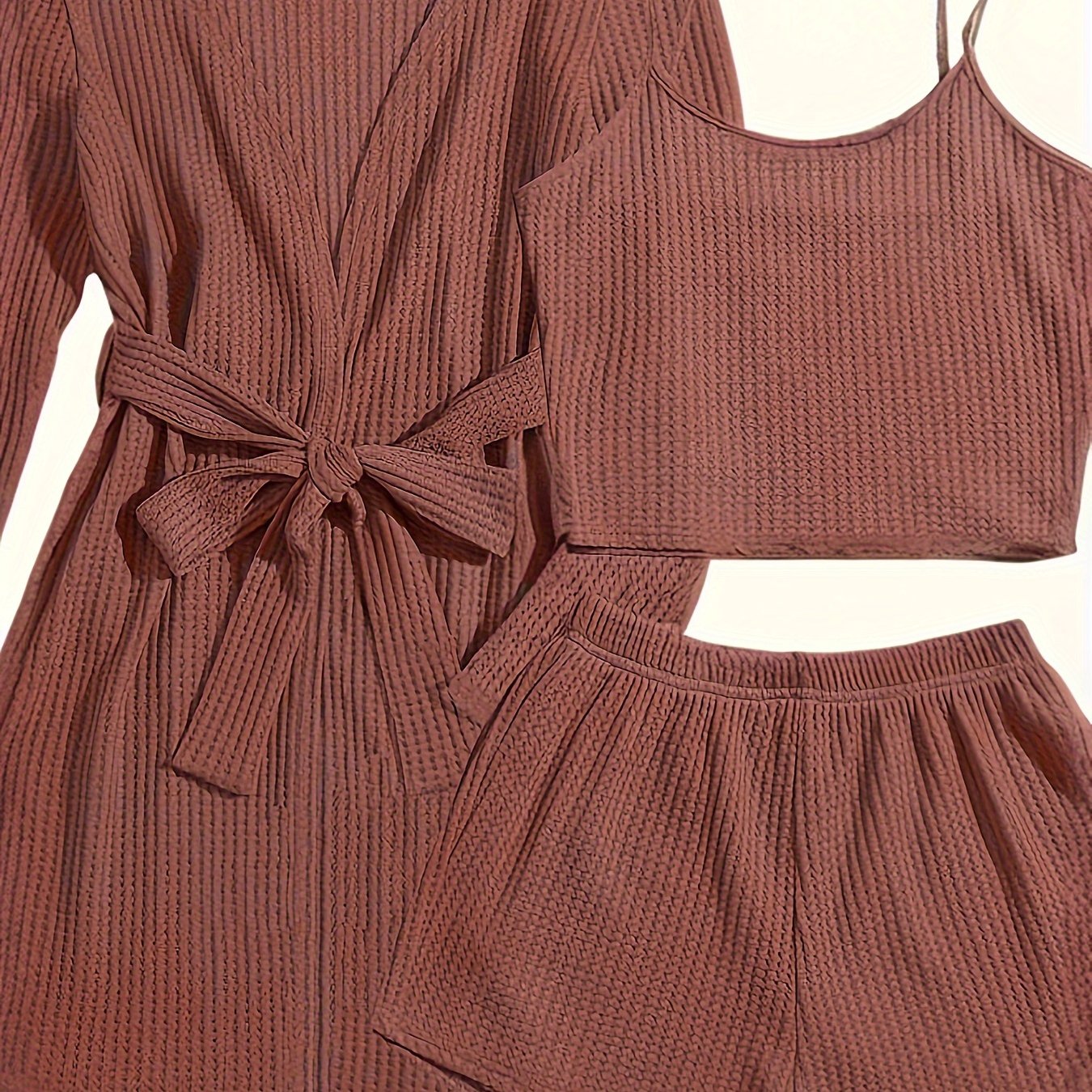 Women's Waffle Lounge Set with Robe, Crop Top, Shorts for Summer Home Wear